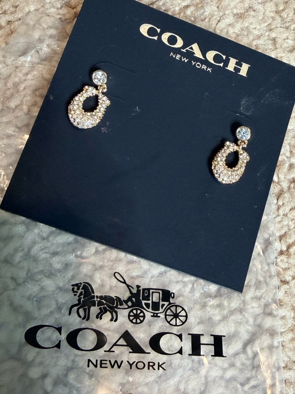 Coach Pave Signature C Drop Earrings Gold Crystal New Card